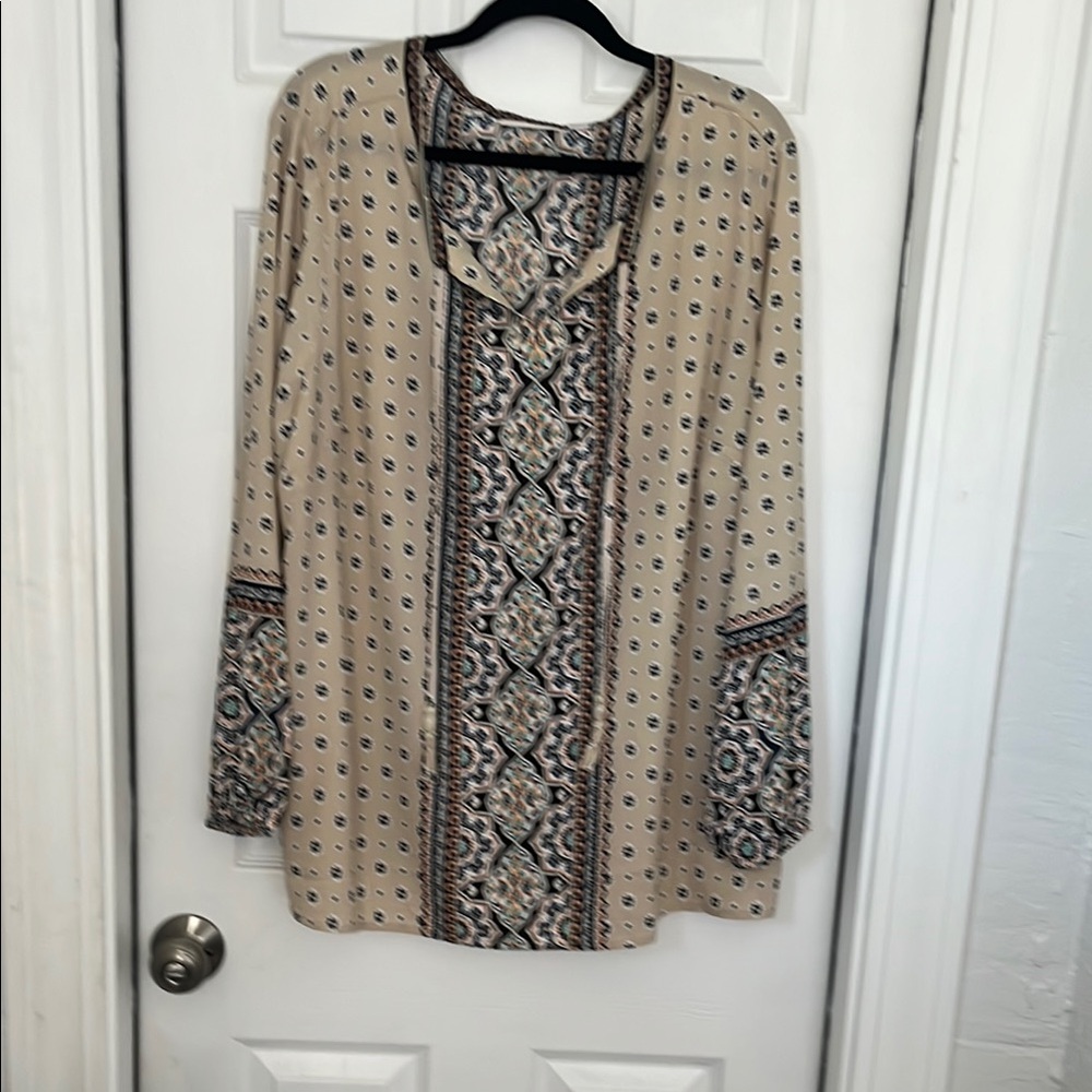 Belle by Kim Gravel Tan and Brown Relaxed Puff Sleeve Tunic